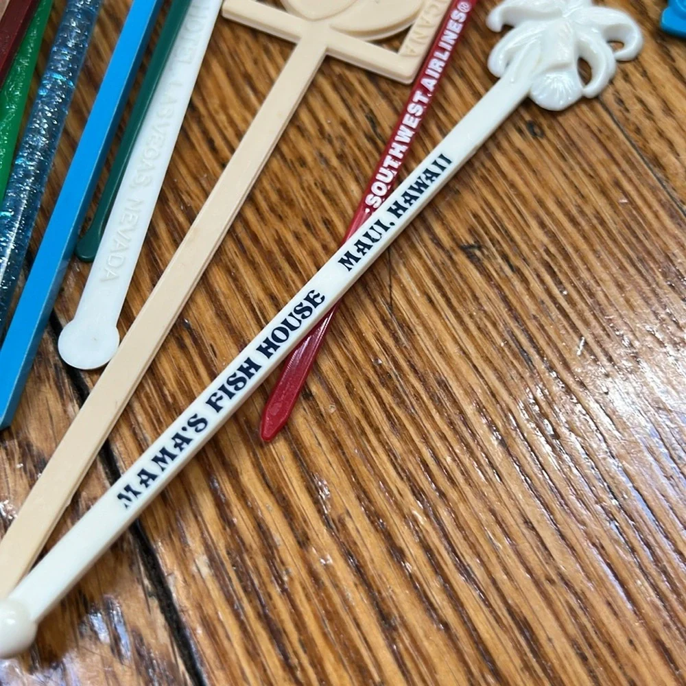 Vintage set of plastic, acrylic swizzle sticks. Hotels, casinos airlines.